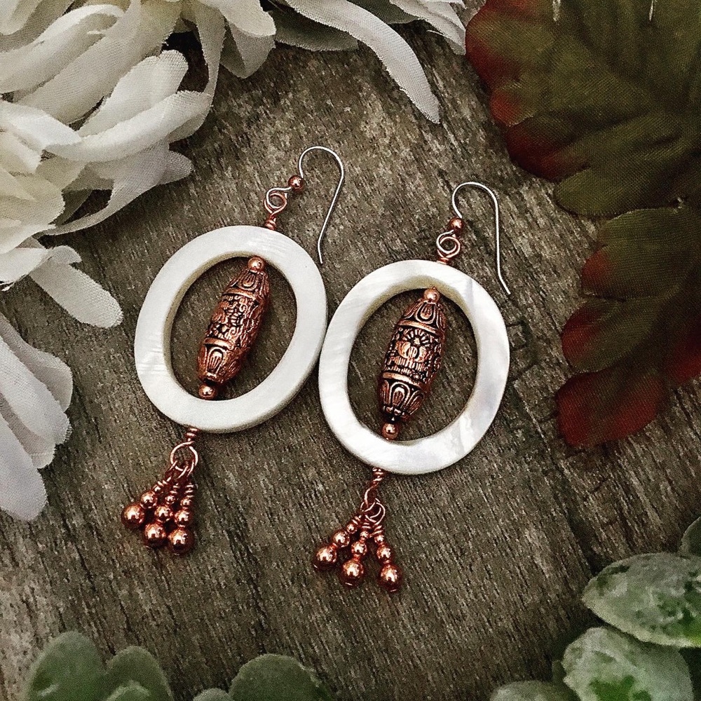 Mother of Pearl copper beaded dangle earrings